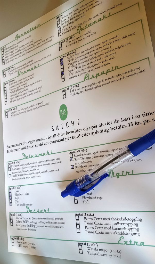 Saichi Sushi bestilling; Spis-alt-du-kan sushi hos Saichi Sushi indlæg